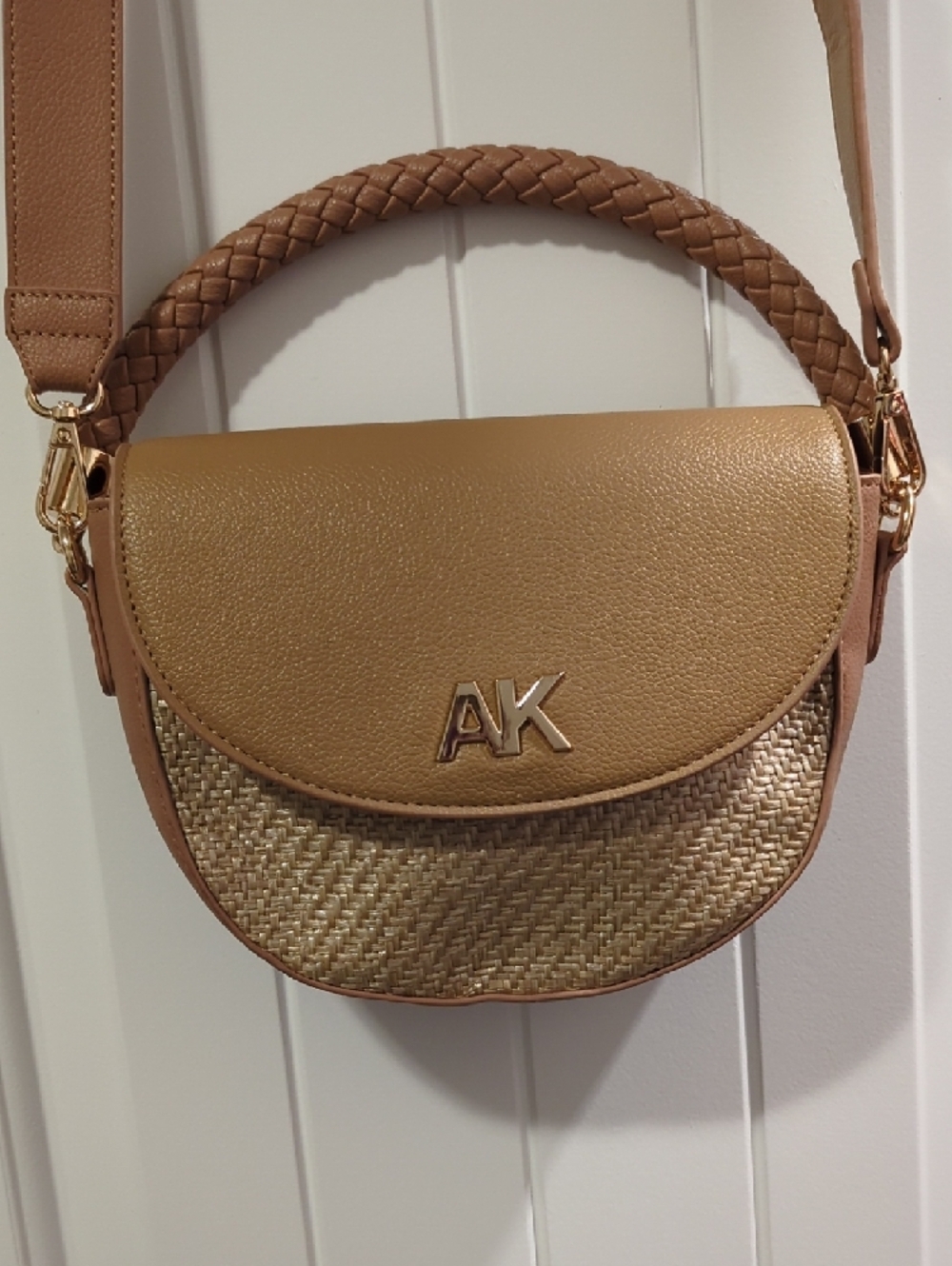 Anne Klein Tan Woven Saddle Crossbody with Braided Handle - Picture 2 of 6